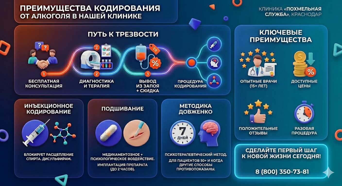 Инфографика о методах кодирования от алкоголя в Подпорожье: инъекции, подшивание, метод Довженко. Преимущества клиники и этапы лечения.