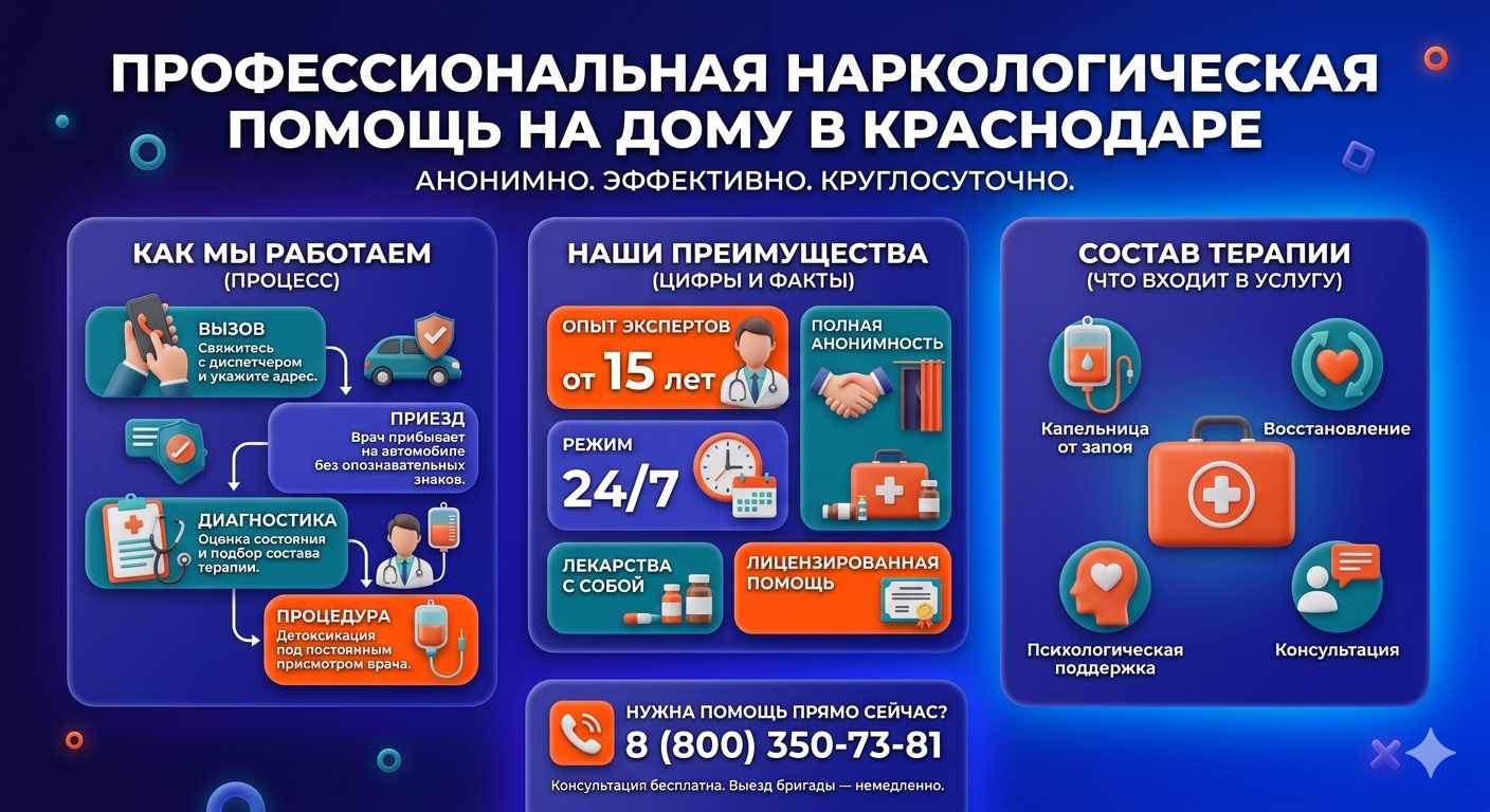 Инфографика о принципах лечения алкоголизма на дому в Подпорожье: этапы вызова нарколога, преимущества анонимной детоксикации и состав медицинской помощи.